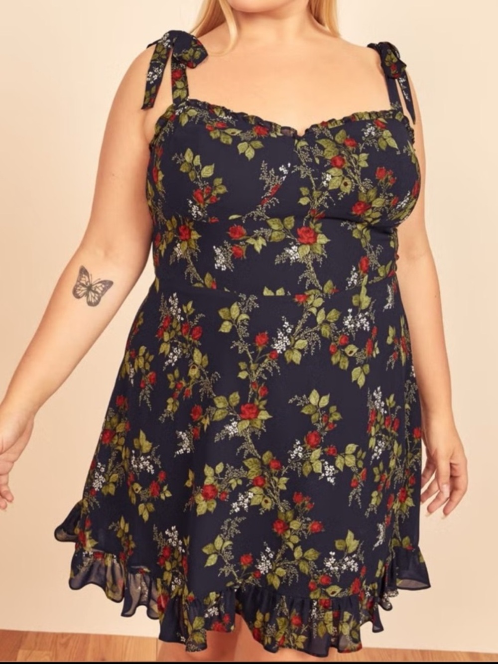 Reformation Plus Christine Navy Floral Tie-Shoulder Sundress